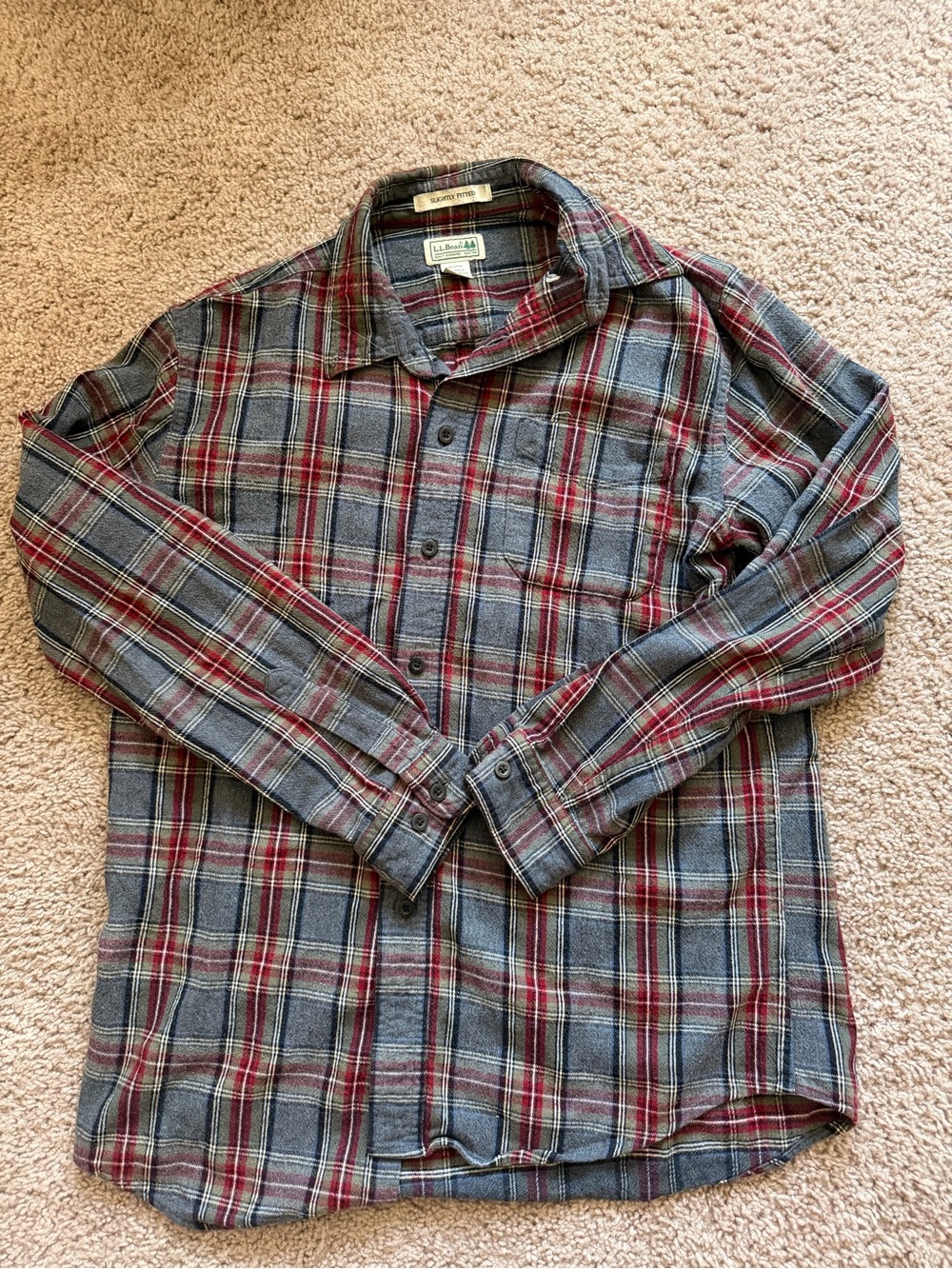 L.L. Bean Men’s Plaid Button-Up Shirt - Grey, Green & Red